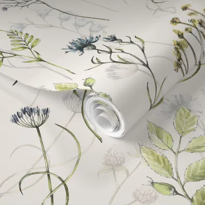 Spoonflower Pre-pasted Wallpaper Hand Drawn Watercolor Wildflowers Midsummer Meadow Double Layer On Blush 2' X 1