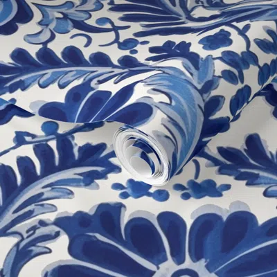 Spoonflower Pre-pasted Wallpaper Hand Painted Damask Dark Blue  Removable
