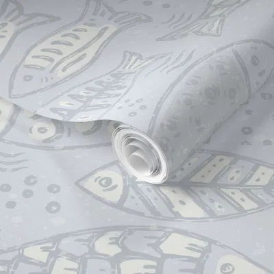 Spoonflower Pre-pasted Wallpaper Hand Painted Patterned Fish In Light Grey And White (large) 2' X 12' Removable