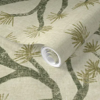 Spoonflower Pre-pasted Wallpaper Hand-drawn Pine Tree Branches Rustic Cabincore Japandi Green & Beige Large 2' X
