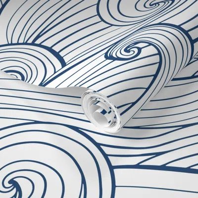 Spoonflower Pre-pasted Wallpaper Hand-drawn Waves Swirls Navy On White Jumbo Scale  Removable In Blue