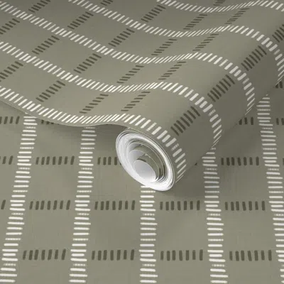 Spoonflower Pre-pasted Wallpaper Hand-drawn Window Pane Checks - Organic Geometric Sage Green And White Grid 2' 