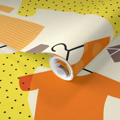 Spoonflower Pre-pasted Wallpaper Hanger Games Mid Mod Hanging Clothes Mustard Yellow Orange Brown Taupe Xl 2' X 