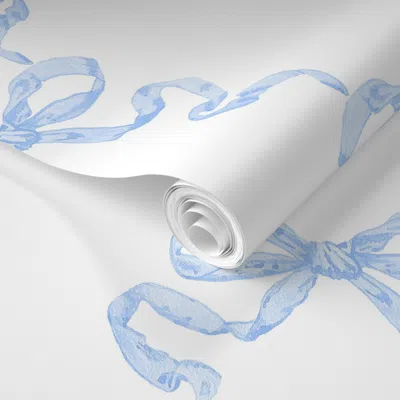 Spoonflower Pre-pasted Wallpaper Hannah Ribbon Trellis Light Cornflower On White Copy 2' X 12' Removable