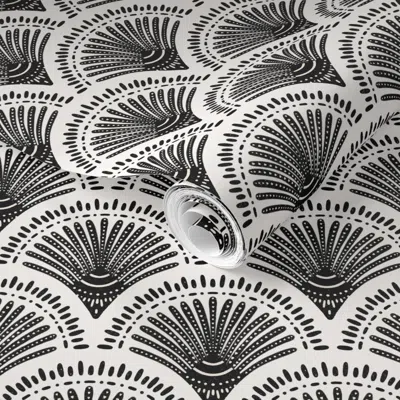 Spoonflower Pre-pasted Wallpaper Happy Art Deco Painted Boho Array Black And White - Mid Scale 2' X 12' Removabl