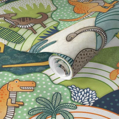 Spoonflower Pre-pasted Wallpaper Happy Dinosaurs Large Scale Autumn Colors Dinosaur Adventure Dinos Home 2' X 12