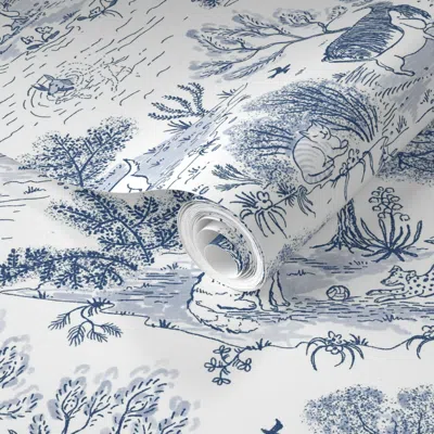 Spoonflower Pre-pasted Wallpaper Happy Dogs In The Park Toile - Delft Blue On White -hand Drawn Large Scale  Rem