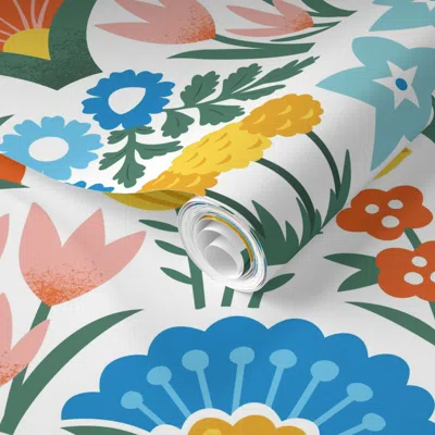 Spoonflower Pre-pasted Wallpaper Happy Weeds - Xl 2' X 12' Removable In Blue