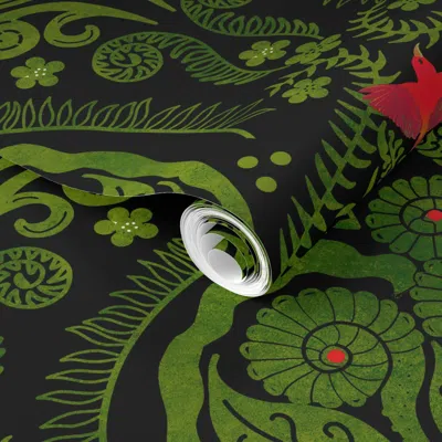 Spoonflower Pre-pasted Wallpaper Hapuu Fern Damask Green On Black Iiwi Bird  Removable