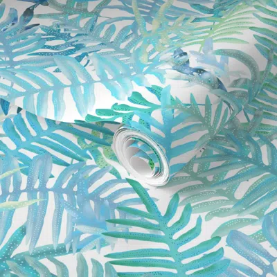 Spoonflower Pre-pasted Wallpaper Hawaiian Ferns Aqua Blue On White 48inl 2' X 12' Removable