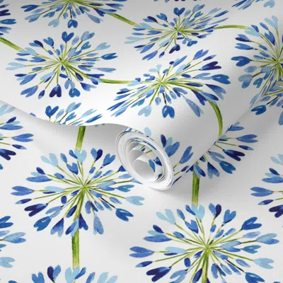 Spoonflower Pre-pasted Wallpaper Heart Flower Blue 2' X 12' Removable