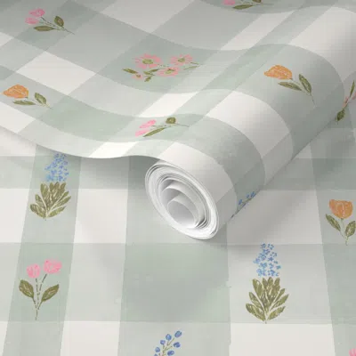 Spoonflower Pre-pasted Wallpaper Heirloom Floral Plaid Sage S  Removable