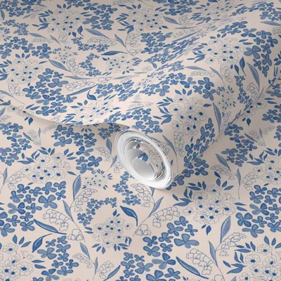 Spoonflower Pre-pasted Wallpaper Heritage Botanical Floral Pattern Vintage Block Print Style Repeat  Removable