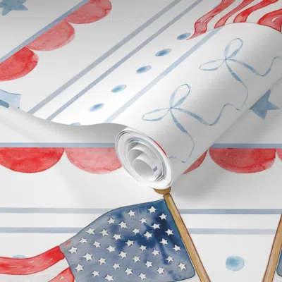 Spoonflower Pre-pasted Wallpaper Heritage Flags Stripes And Coquette Bows 2' X 12' Removable