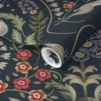 Spoonflower Pre-pasted Wallpaper Heritage Garden Navy Blue Lrg 2' X 12' Removable