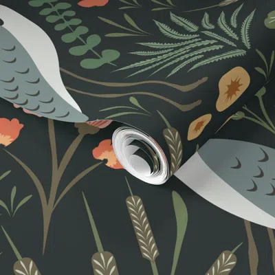 Spoonflower Pre-pasted Wallpaper Heron And Swamp Plants Lake Side - Dark 2' X 12' Removable