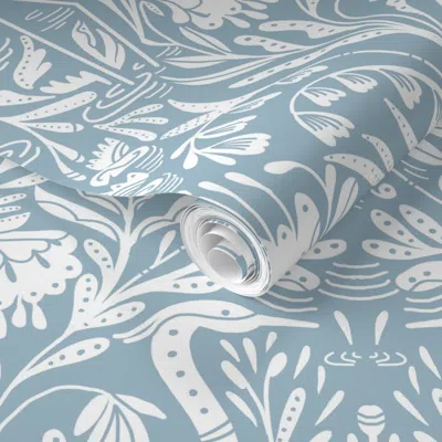 Spoonflower Pre-pasted Wallpaper Heron  Coastal Decor Classic Blue And White Bird Lake House Beach 2' X 12' Remo