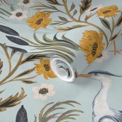 Spoonflower Pre-pasted Wallpaper Heron French Country 1 2' X 12' Removable In Blue