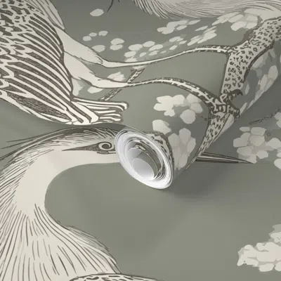 Spoonflower Pre-pasted Wallpaper Herone And Now On Evergreen Fog 2' X 12' Removable