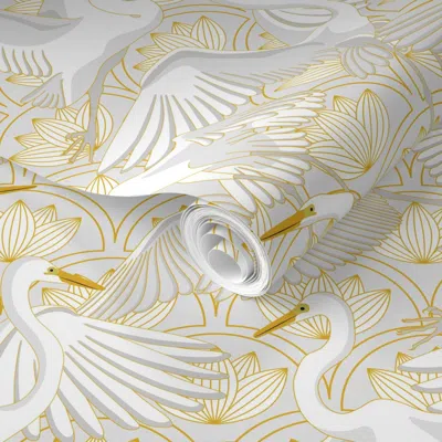Spoonflower Pre-pasted Wallpaper Herons Art Deco Gold And Gray 200size 2' X 12' Removable In Multi