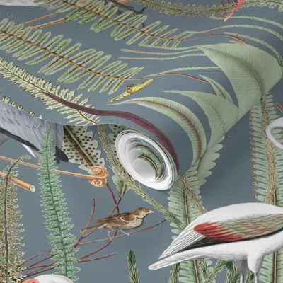 Spoonflower Pre-pasted Wallpaper Herons In Marsh On Slate Medium Scale 2' X 12' Removable In Multi