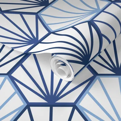 Spoonflower Pre-pasted Wallpaper Hexapalm Blue 2' X 12' Removable