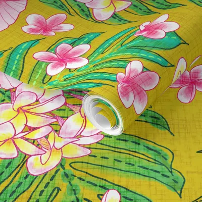 Spoonflower Pre-pasted Wallpaper Hibiscus & Plumeria Linen (gold) 7  Removable