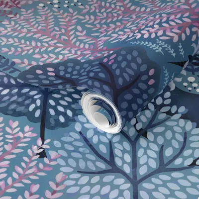 Spoonflower Pre-pasted Wallpaper Hidden Unicorn Woods Blue And Pink 2' X 12' Removable