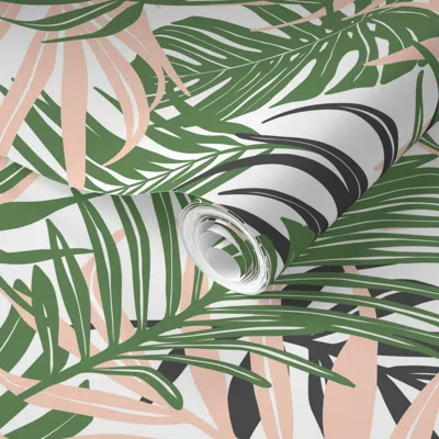 Spoonflower Pre-pasted Wallpaper Hideaway - Tropical Palm Leaves White Jumbo Scale 2' X 12' Removable In Multi