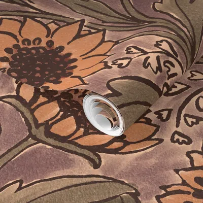 Spoonflower Pre-pasted Wallpaper High Plains Sunflowers - Dusky Purple  Removable In Multi