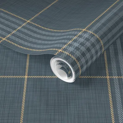 Spoonflower Pre-pasted Wallpaper Hollis Classic Tartan Plaid Textural Woven Look - Dutch Navy Blue & Yellow 2' X