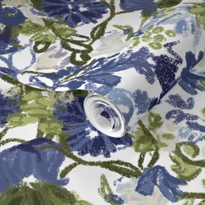Spoonflower Pre-pasted Wallpaper Hollyhock Floral-dusty Blue Navy And Sage 2' X 12' Removable