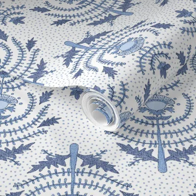 Spoonflower Pre-pasted Wallpaper Holy Basil Blues On White 2' X 12' Removable