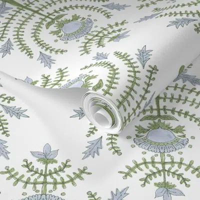Spoonflower Pre-pasted Wallpaper Holy Basil Soft Bue Greens On White 2' X 12' Removable
