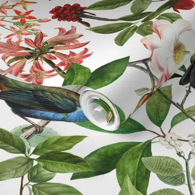 Spoonflower Pre-pasted Wallpaper Home Vintage Nostalgic Tropical Birds Jungle Green Jungle Tropical White 2' X 1