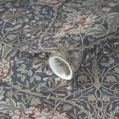 Spoonflower Pre-pasted Wallpaper Honeysuckle And Tulip In Faded Antique Original Indigo - William Morris 2' X 12 In Multi