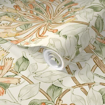 Spoonflower Pre-pasted Wallpaper Honeysuckles Sage Orange  Removable In White