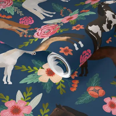 Spoonflower Pre-pasted Wallpaper Horse Multi Coat Floral Horses Fabric - Navy 2' X 12' Removable