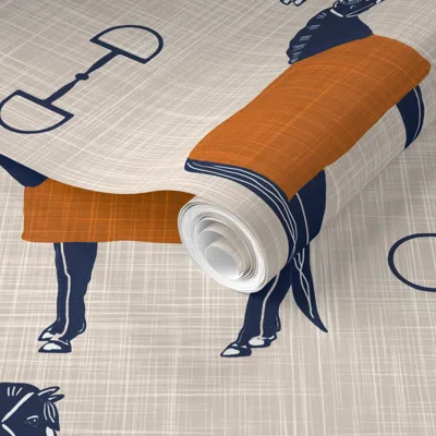 Spoonflower Pre-pasted Wallpaper Horses Bits And Blankets - Orange And Navy 12 Inch Repeat Scale 2' X 12' Remova
