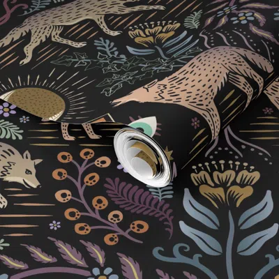 Spoonflower Pre-pasted Wallpaper Howling And Prowling Mystical Gray Wolf Damask With Plants Flowers And 2' X 12'