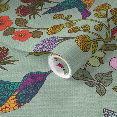 Spoonflower Pre-pasted Wallpaper Hummingbirds And Bees Duck Egg 623 2' X 12' Removable In Multi
