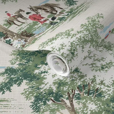 Spoonflower Pre-pasted Wallpaper Hunt Scene In Muted Red On Tan 2' X 12' Removable In Multi