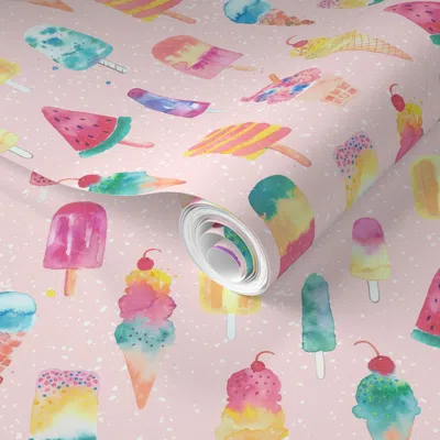 Spoonflower Pre-pasted Wallpaper Icecream Icecream Icecream Sprinkles Light Pink Small 2' X 12' Removable