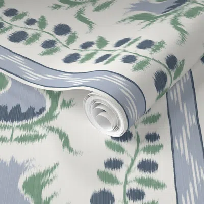 Spoonflower Pre-pasted Wallpaper Ikat Pomegranates Lehigh Green Indigo Blue And Cream 2' X 12' Removable