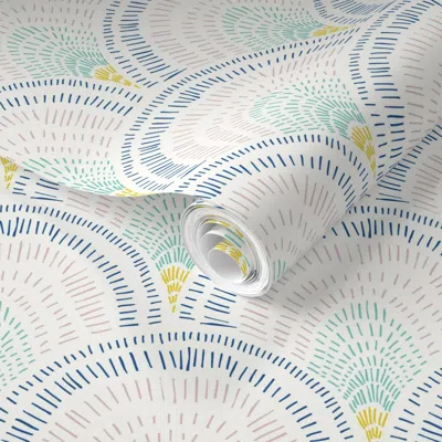 Spoonflower Pre-pasted Wallpaper Imperfect Retro Art Deco Rainbows Yellow Teal Pink Blue 2' X 12' Removable