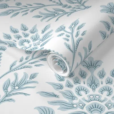 Spoonflower Pre-pasted Wallpaper Indian Block Print Blue On White 2' X 12' Removable