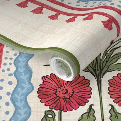 Spoonflower Pre-pasted Wallpaper Indian Block Print Floral Stripe 2' X 12' Removable