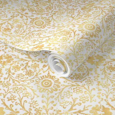 Spoonflower Pre-pasted Wallpaper Indian Woodblock In Gold On White ( Xl Scale) Rustic Gold Floral Hand 2' X 12' 