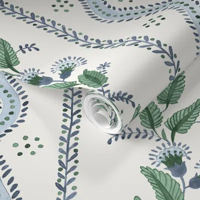 Spoonflower Pre-pasted Wallpaper Indigo And Lehigh Green Emma Stripe Copy 2' X 12' Removable