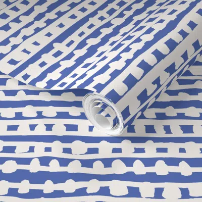 Spoonflower Pre-pasted Wallpaper Indigo Blue Geometric Dot Stripe Wonky Home Molehills White Circle Curve 2' X 1